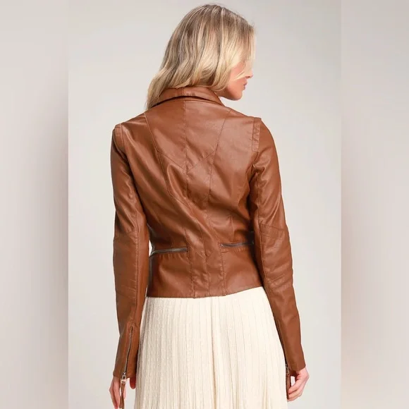 Lulus Up On A Tuesday Camel Vegan Leather Jacket Brown - Size XL - Picture 2 of 9